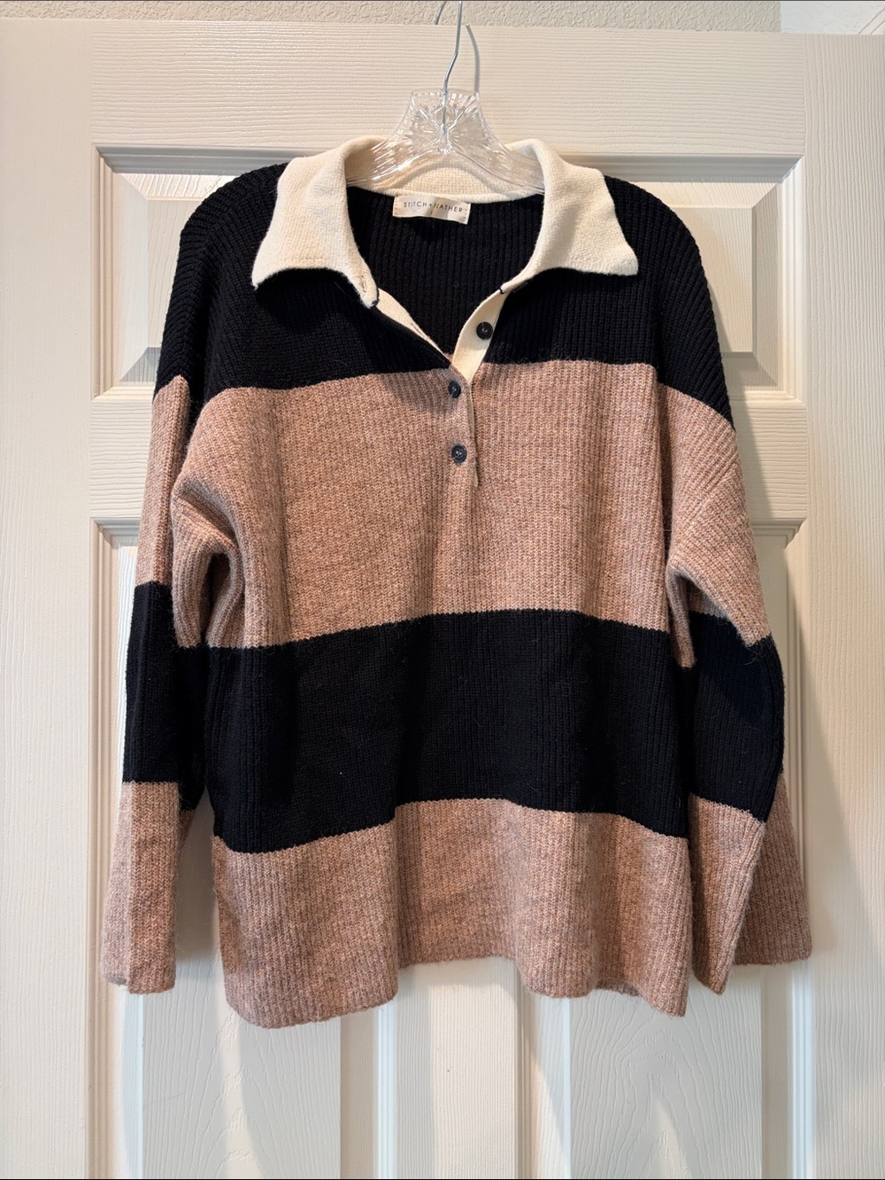 Striped Knit Polo Sweater - Black & tan